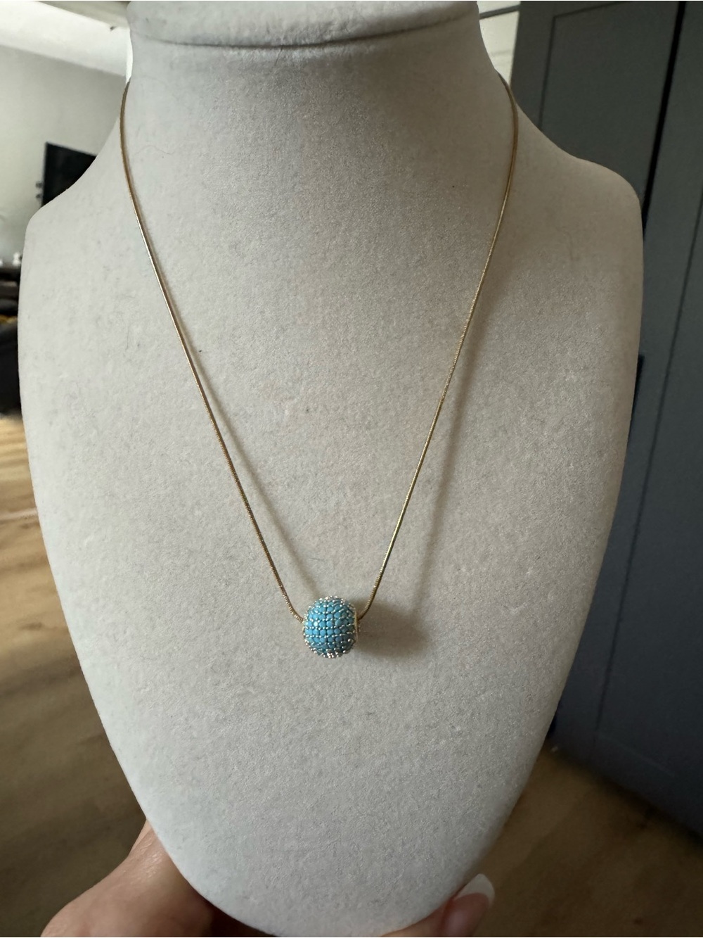 Gold Chain Necklace with Turquoise Pave Ball Pendant